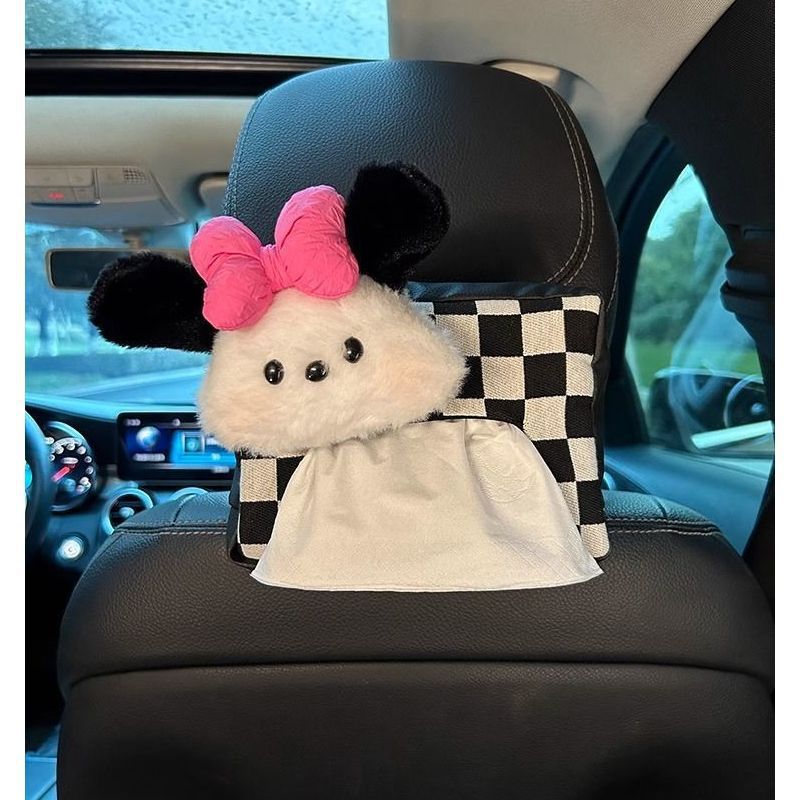 Cute Plush Car Tissue Box Set – Hanging Armrest Organizer with Checkered Design (2-Pack)