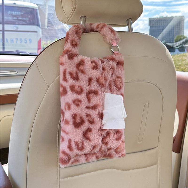 Leopard Plush Car Tissue Box – Cute Furry Tissue Holder for Car Armrest & Interior Decor