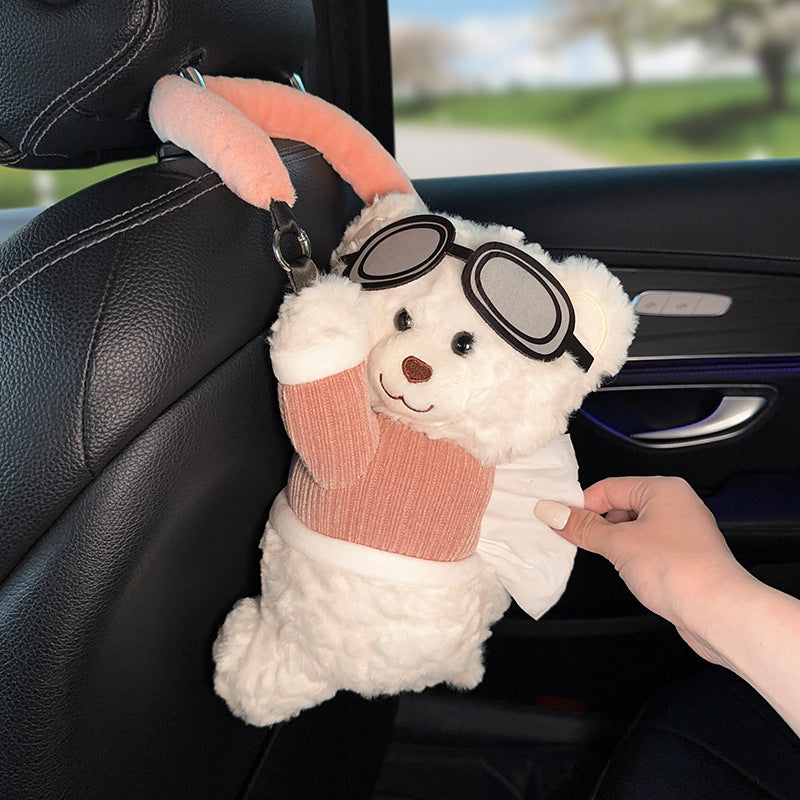 Cute Plush Bear Car Tissue Box – Adorable Cartoon Tissue Holder for Car Center Console or Armrest