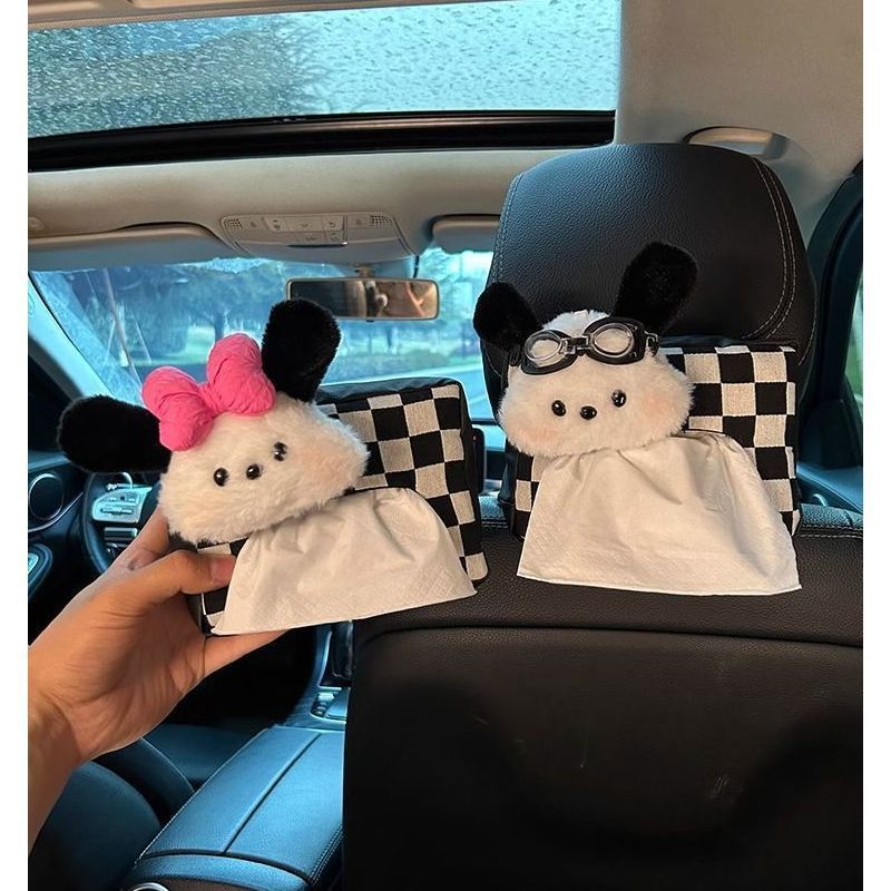 Cute Plush Car Tissue Box Set – Hanging Armrest Organizer with Checkered Design (2-Pack)