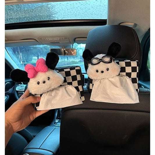 Cute Plush Car Tissue Box Set – Hanging Armrest Organizer with Checkered Design (2-Pack)