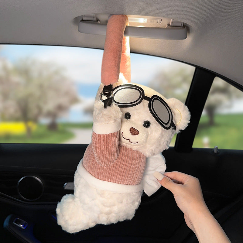 Cute Plush Bear Car Tissue Box – Adorable Cartoon Tissue Holder for Car Center Console or Armrest