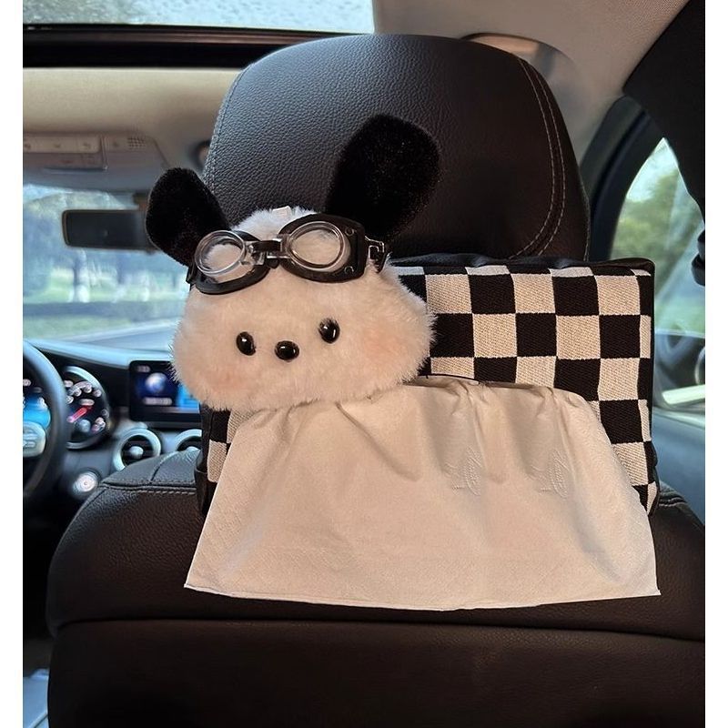 Cute Plush Car Tissue Box Set – Hanging Armrest Organizer with Checkered Design (2-Pack)