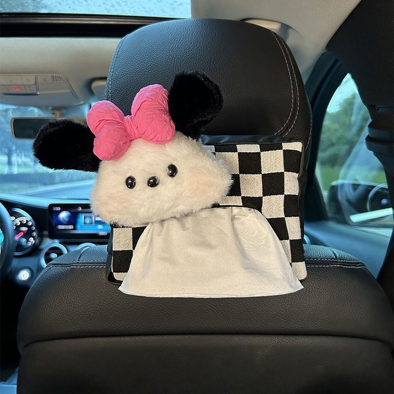 Cute Plush Car Tissue Box Set – Hanging Armrest Organizer with Checkered Design (2-Pack)
