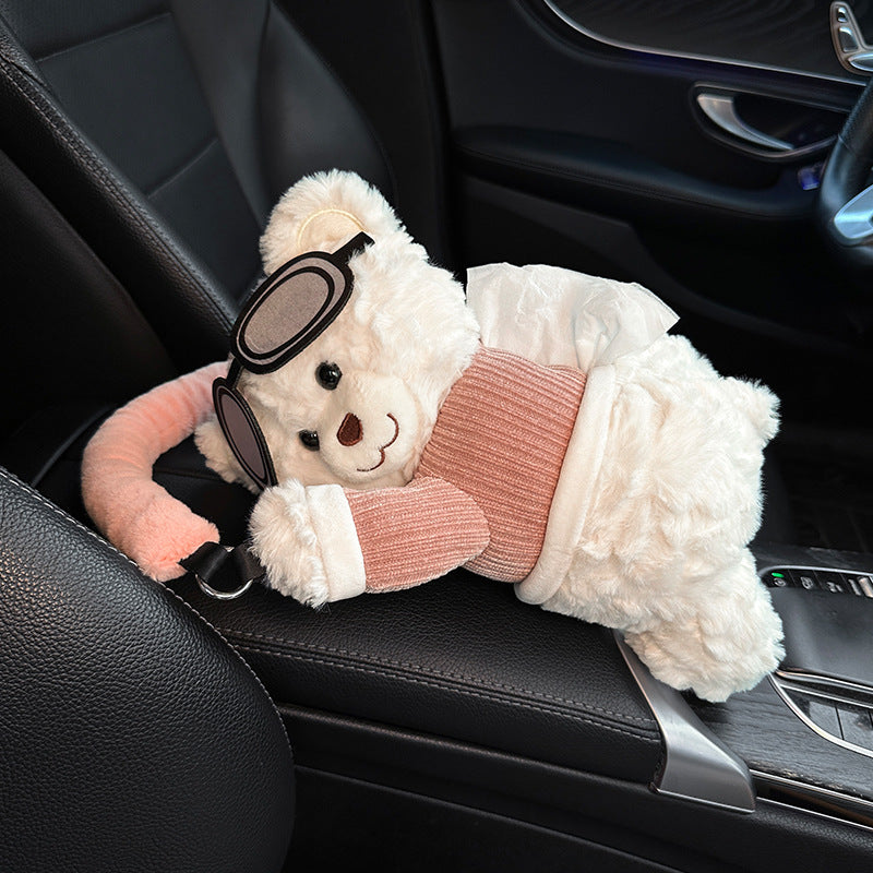 Cute Plush Bear Car Tissue Box – Adorable Cartoon Tissue Holder for Car Center Console or Armrest
