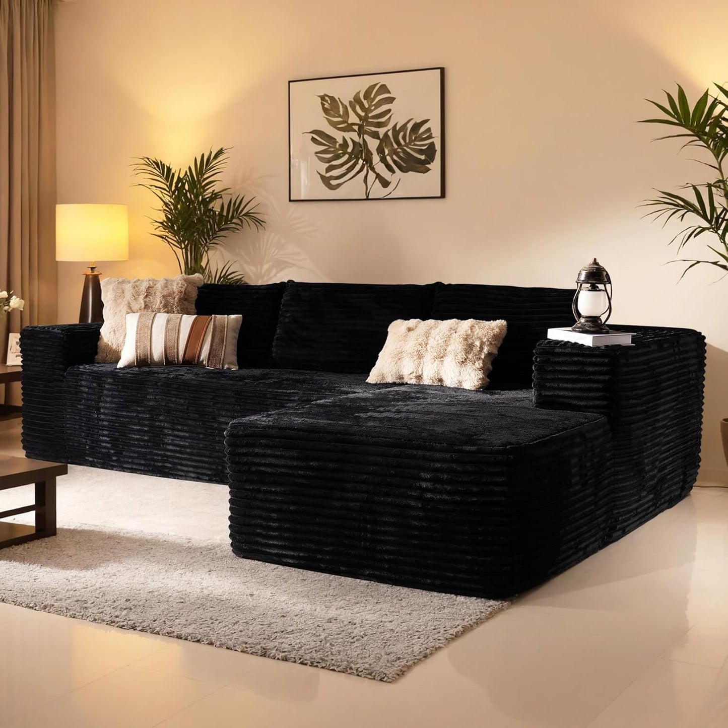 106-inch Cloud Corner Sofa with Chaise Longue, L-shaped Modular Modern Sofa, Comfortable Corduroy Plush Sofa with Deep Seat Design, No Assembly Required, Suitable for Living Rooms (Left Image, Plush Corduroy, Black)