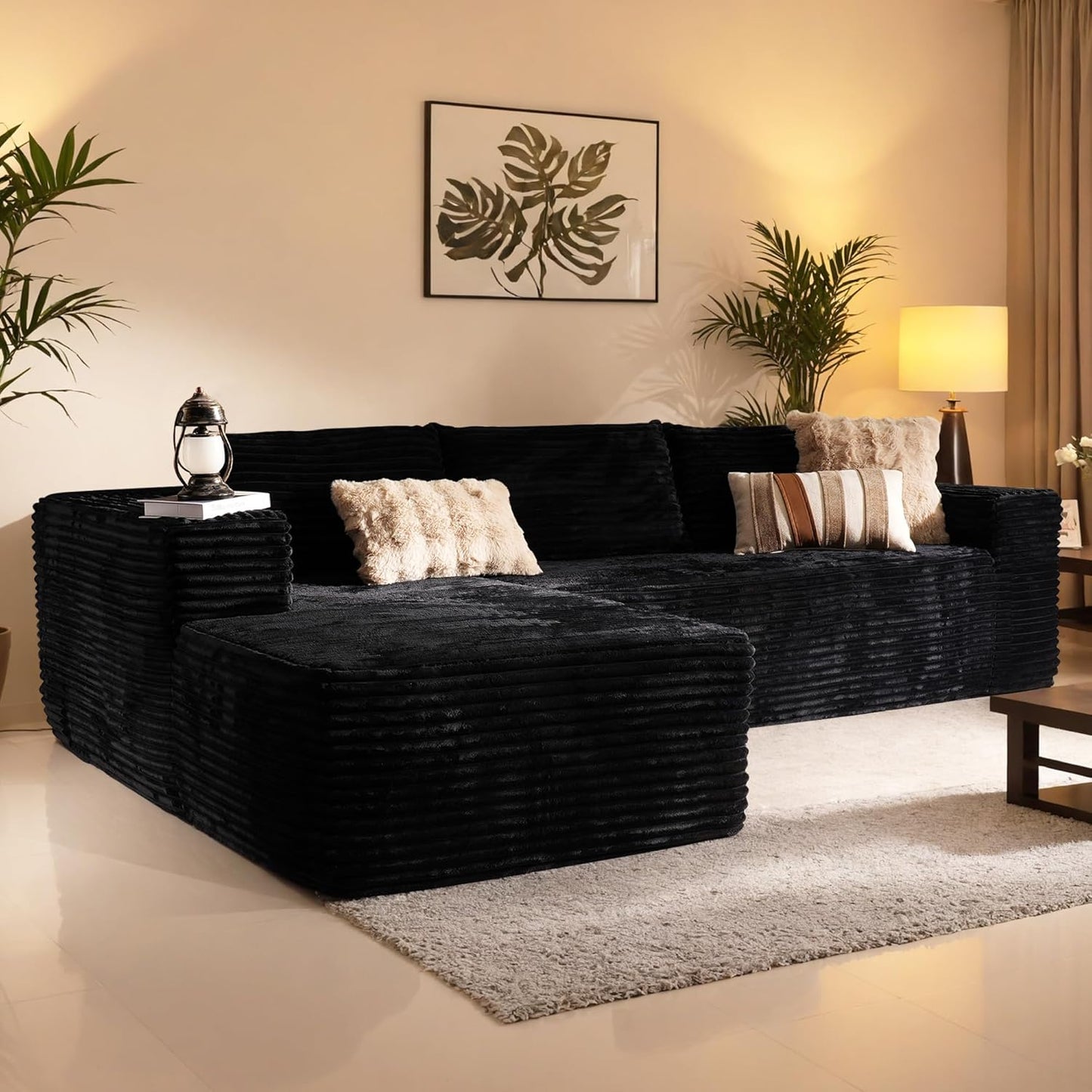 106-inch Cloud Corner Sofa with Chaise Longue, L-shaped Modular Modern Sofa, Comfortable Corduroy Plush Sofa with Deep Seat Design, No Assembly Required, Suitable for Living Rooms (Left Image, Plush Corduroy, Black)