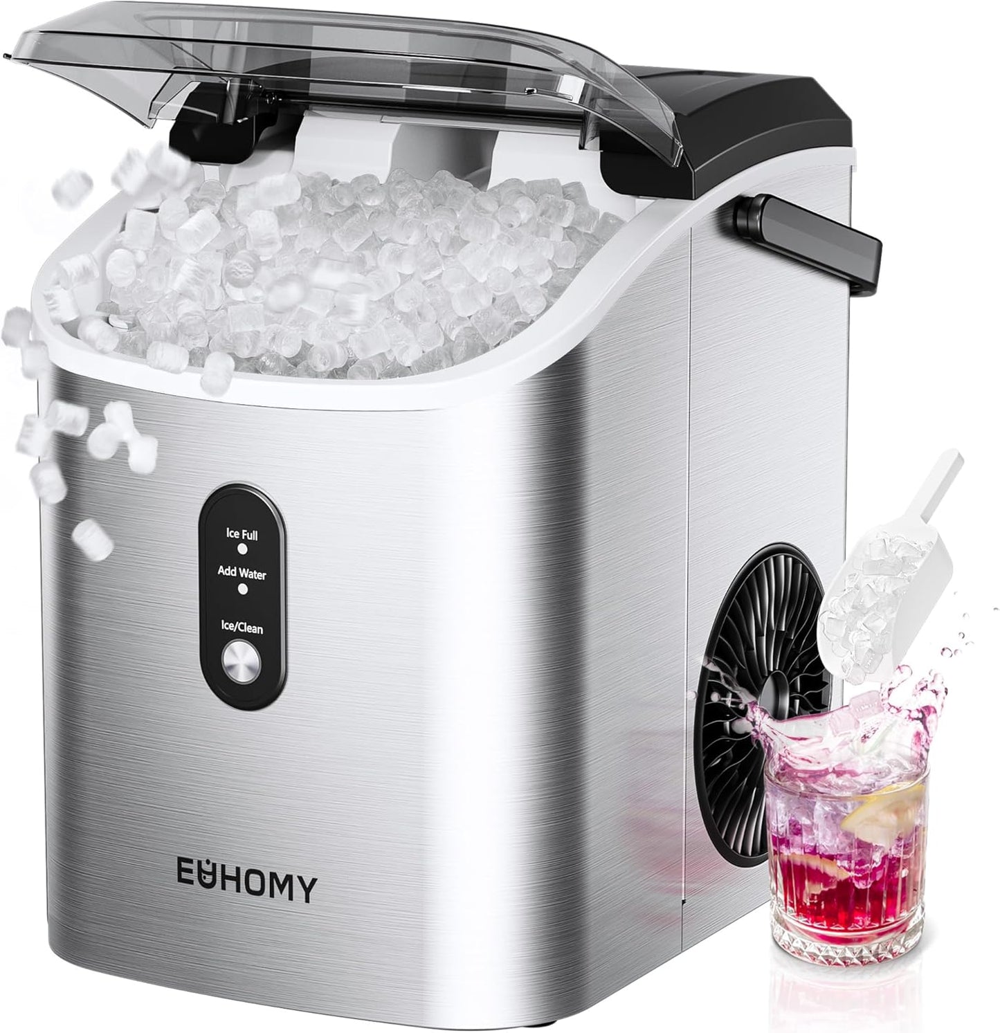 EUHOMY Nugget Ice Maker Countertop with Handle, Ready in 6 Mins, 34lbs Per Day, Removable Top Cover, Auto-Cleaning, Portable Sonic Ice Maker with Basket and Scoop, for Home/Party/RV/Camping (Black)