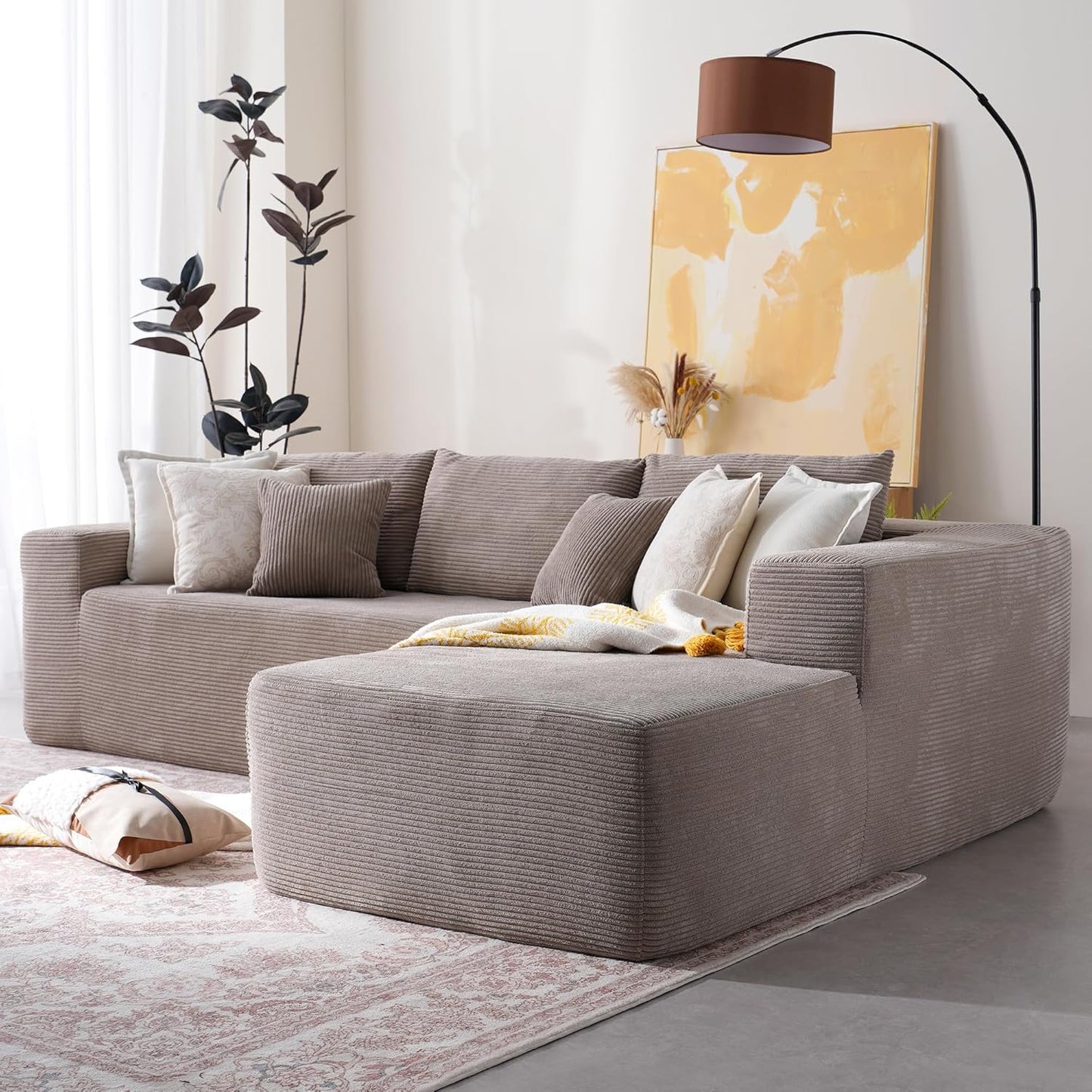 106-inch Cloud Corner Sofa with Chaise Longue, L-shaped Modular Modern Sofa, Comfortable Corduroy Plush Sofa with Deep Seat Design, No Assembly Required, Suitable for Living Rooms (Left Image, Plush Corduroy, Black)