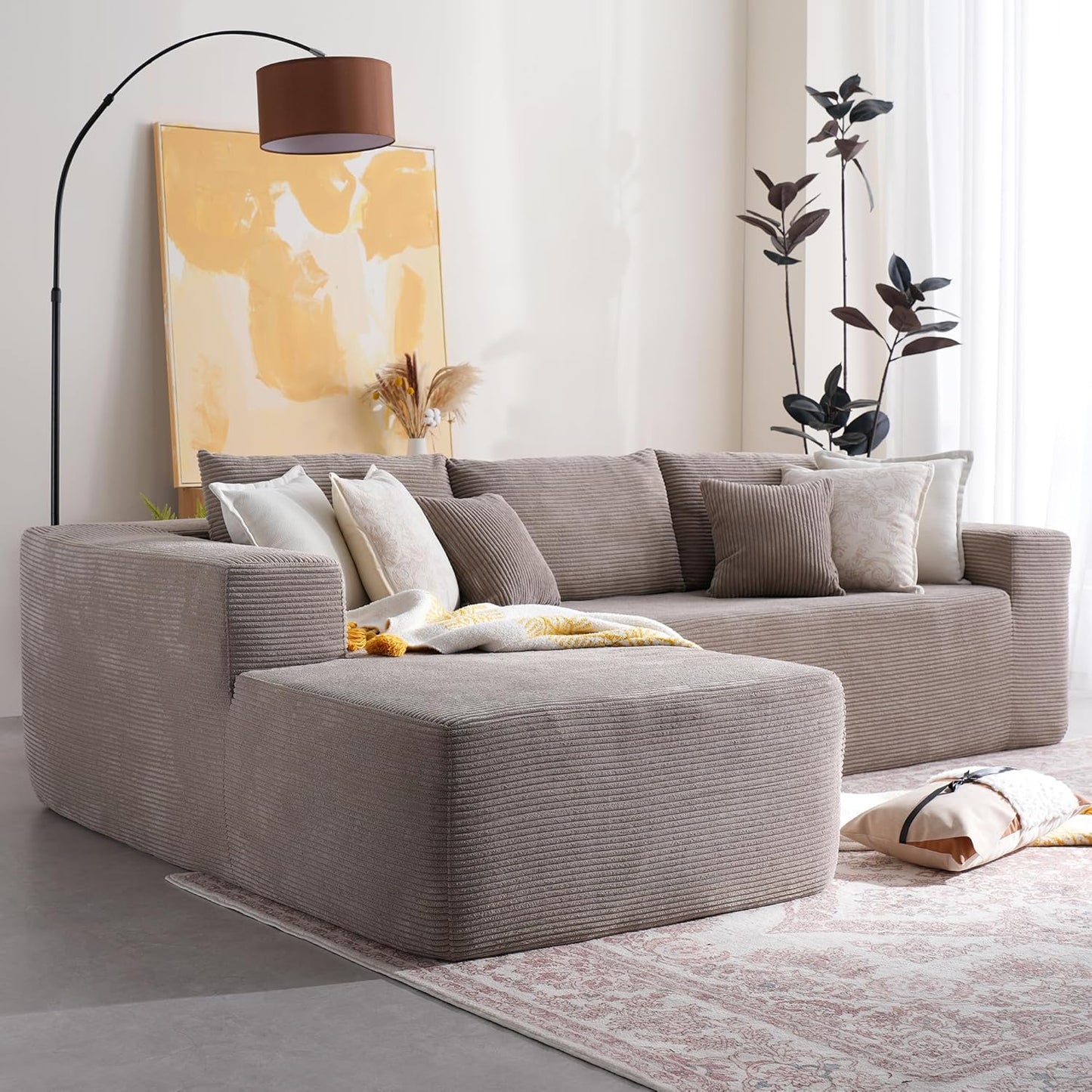 106-inch Cloud Corner Sofa with Chaise Longue, L-shaped Modular Modern Sofa, Comfortable Corduroy Plush Sofa with Deep Seat Design, No Assembly Required, Suitable for Living Rooms (Left Image, Plush Corduroy, Black)